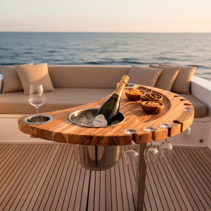 Mesa Náutica SIGA Lua – Teca + Inox 304 – Pedestal 2″ – Kit Completo