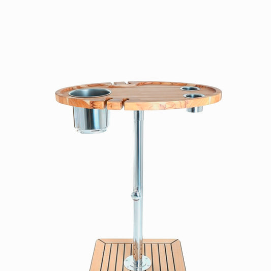 Mesa Náutica SIGA Oval – Teca + Inox 304 – Pedestal 2″ – Kit Completo